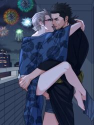 2boys anal anal_sex balcony bottomless final_fantasy final_fantasy_xv fireworks gay gladiolus_amicitia glasses ignis_scientia kissing lifting male male/male male_only multiple_boys outdoors partially_clothed penetration robe sex tongue yaoi