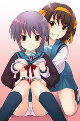 book breast_grab breasts cardigan face footwear ha-ru kneehighs nagato_yuki panties school_uniform serafuku shirt_lift socks suzumiya_haruhi suzumiya_haruhi_no_yuuutsu underwear