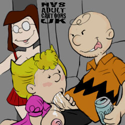 00s 1boy 2000s 2000s_and_2010s_style 2008 2girls aged_up beard_stubble beer beer_can blonde_hair blowjob blunt_bangs blush breasts_out breasts_out_of_clothes brother_and_sister charles_m._schulz charlie_brown cum_dripping cum_in_mouth cum_on_breast dark_brown_hair exposed_breast fellatio glasses hetero holding_penis incest indoors marcie medium_breasts naughty_face nev opaque_glasses pants_down peanuts penis sally_brown short_hair siblings tongue_out uncensored veiny_penis walk-in