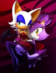 2girls anthro bat blaze_the_cat bra breasts cat elbow_gloves feline female furry gloves green_eyes nancher purple_hair rouge_the_bat sega sonic_(series) sonic_the_hedgehog_(series) spiked_bracelet spiked_collar stocking tail yellow_eyes yuri