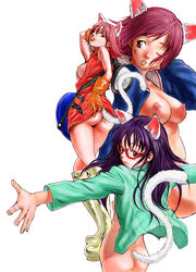 3girls animal_ears ass boots bottomless breasts cat_ears cat_tail eri_ninamori female female_only flcl glasses gloves haruko_haruhara knee_boots lips long_hair looking_back mamimi_samejima multiple_girls nekoi_mie nipples no_bra no_panties open_clothes open_shirt pink_hair purple_hair school_uniform serafuku shirt short_hair standing tail white_background wink