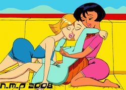 2008 3girls alex_(totally_spies) breast_grab closed_eyes clover_(totally_spies) dark-skinned_female dark_skin female female_only fff_threesome gif human kissing lipstick multiple_females multiple_girls nipple_bulge open_mouth sam_(totally_spies) static_gif straight_hair threesome tongue_out totally_spies yuri