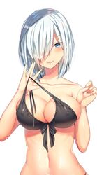 10s bikini black_bikini blush breasts collarbone erect_nipples eyebrows_visible_through_hair female front-tie_bikini front-tie_top hair_ornament hair_over_one_eye hairclip halterneck hamakaze_(kantai_collection) highres kantai_collection large_breasts looking_at_viewer navel nipples short_hair silver_hair simple_background skindentation smile solo strap_pull swimsuit upper_body white_background