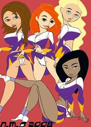 2000s 2008 4girls ankle_socks anklehighs blue_socks bonnie_rockwaller cameltoe cheerleader cheerleader_uniform clothing dark-skinned_female dark_skin disney disney_channel erect_nipples female female_only gif hope_(kim_possible) human kim_possible kimberly_ann_possible large_breasts multiple_females multiple_girls nipple_bulge panties pokies short_skirt skirt skirt_lift socks static_gif straight_hair tara_(kim_possible) white_panties