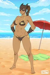 1girls abs artist_name avatar_legends barefoot batgirl batgirl_(cosplay) batman_(series) beach bikini blue_eyes brown_hair cleavage dark-skinned_female dark_skin dc dc_comics feet female female_only human korra mask medium_breasts navel outdoor owler ponytail smooth_skin solo standing swimsuit the_avatar the_legend_of_korra tied_hair water_tribe wristband