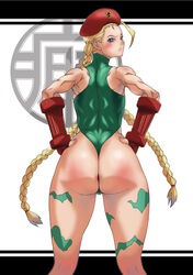 ass blonde_hair blush cammy_white capcom dat_ass female female_only hat highres huge_ass human leotard muscles muscular_female shibire_hitsuji solo street_fighter sweat twin_braids