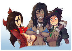 3girls abs alternate_breast_size artist_name avatar_legends avatar_the_last_airbender azula big_breasts bikini bikini_top black_hair blue_eyes blush breast_grab breasts brown_eyes brown_hair chocolate_and_vanilla cleavage clothing dalehan dark-skinned_female dark_skin earth_kingdom female female_only fire_nation green_eyes human interracial_yuri jin_(avatar) korra large_breasts lesbian long_hair medium_breasts multiple_females multiple_girls navel necklace nickelodeon nipples ponytail royalty smile swimsuit the_avatar the_legend_of_korra tied_hair water_tribe wink yuri