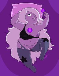 alien amethyst_(steven_universe) breasts chubby condom crystal_gem female gem_(species) hair lips looking_at_viewer nipples pubic purple_hair purple_nipples purple_skin pussy smooth_skin solo steven_universe timoteihiv torn_clothes