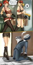 blonde_hair blue_eyes breasts comic funny hair high_heels leggings panels red_hair shadman short_shorts shorts skimpy spy spy_(team_fortress_2) standing tattoos team_fortress team_fortress_2 thigh_highs toilet yellow_eyes