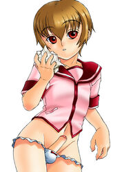 1boy darekawa-iwanai erection male penis red_eyes short_hair simple_background solo trap