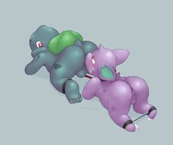 2014 2boys anal anthro anthrofied anus ass big_ears blue_background blue_body blush bondage bulbasaur claws duo feet gay green_skin grey_background horn interspecies lambent male male_only nidoran nidoran♂ nintendo oral pokémon_(species) pokemon pokemon_rgby purple_body purple_skin red_eyes rimjob scalie simple_background slightly_chubby testicles text video_games yaoi