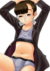 1boy brown_hair bulge cum darekawa-iwanai glasses male navel solo trap