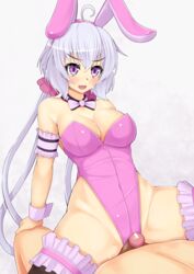 1boy alfort_(may0508) animal_ears arm_support bare_shoulders blush bow breasts bunny_ears bunnysuit fake_animal_ears female frottage highres low_twintails penis purple_eyes purple_hair senki_zesshou_symphogear simple_background spread_legs sweat tied_hair tribadism_on_penis twintails wrist_cuffs yukine_chris