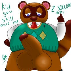 1boy aeron_(artist) animal_crossing anthro anus balls big_balls big_penis dialogue english_text erection fur furry half-closed_eyes half-dressed looking_down male male_only mammal necktie nintendo penis raccoon round_ears solo standing sweater text thick_penis tom_nook