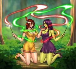 2girls absurd_res banjo-kazooie brown_hair chin_hold cleavage cleavage_dress commission curvaceous curvaceous_female curvaceous_figure determined digital_drawing_(artwork) digital_media drool erect_nipples female_only femsub forest forest_background game_over_gruntilda glowing_eyes green_skin gruntilda happy_trance headband high_heels humba_wumba hypnosis hypnotic_smoke hypnotized_hypnotist indian indian_female kneeling lavionartz lipstick long_hair magic magic_wand makeup mind_control multiple_girls native_american nipples_visible_through_clothing one_piece_dress purple_hair purple_lipstick symmetrical_pose witch yuri