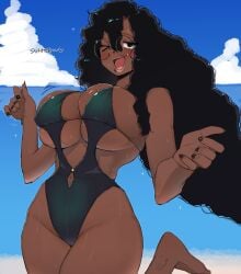 1girls big_breasts black_hair black_one-piece_swimsuit black_swimsuit breasts cleavage cleavage_cutout coli_(ohasi) curly_hair curvy_figure dark-skinned_female feet female female_only glasses huge_breasts long_hair navel navel_cutout ohasi one-piece_swimsuit piercing solo sweat