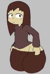 1girls aged_up ass ass big_ass big_butt blush blush brown_hair brown_pants brown_shirt care_(petscop) embarrassed female_only huge_ass huge_butt looking_at_viewer petscop pulling_down_pants wastelandtune wide_hips