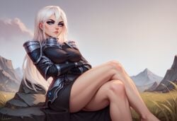 1girls ai_generated anaslex angelise_reiter armor armored_dress bare_legs big_breasts blue_eyes crossed_legs final_fantasy hi_res large_breasts legs legs_crossed long_legs pose posing solo white_hair