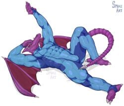 abs absurd_res anthro biceps bodily_fluids bodysuit clothing hi_res lying male membrane_(anatomy) membranous_wings metroid muscular muscular_anthro muscular_male muscular_thighs nintendo on_back pecs ridley serratus skinsuit smikeart solo space_dragon_(metroid) sweat tail thick_thighs tight_clothing triceps wings