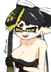 aiura_chan arm_under_breasts blush callie_(splatoon) inkling large_breasts nervous_sweat pointing_at_breasts smile splatoon