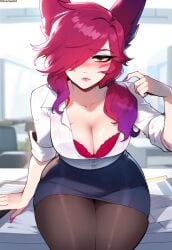 1female 1girls ai_generated anemoi blush bra breasts breasts breasts cleavage curvy curvy_female curvy_figure female front_view league_of_legends looking_at_viewer office_lady pantyhose riot_games sitting_on_desk skirt solo solo_focus sweat sweatdrop tights vastaya watermark xayah