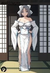 ai_generated bangs bare_shoulders blue_eyes bow breasts cleavage closed_mouth collarbone female full_body grey_hair hairbow hands_on_hips indoors japanese_clothes kimono large_breasts long_sleeves looking_at_viewer low_neckline medium_hair obi off_shoulder parted_bangs pelvic_curtain pikkiwynn sash senran_kagura short_hair smile solo standing tabi white_bow wide_sleeves yumi_(senran_kagura)