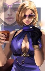 1girls blonde_hair boob_window breasts brown-tinted_eyewear cigarette cleavage female female_only fully_clothed kittymiya nina_williams smoking solo sunglasses tekken tekken_8 tinted_eyewear