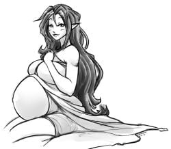 1girls arm_on_breast bed bed_sheet bedsheets big_belly big_breasts black_and_white breasts covered_breasts covering covering_breasts exposed_belly female female_focus female_only heavily_pregnant hylian hylian_ears large_breasts linea_nigra long_ears long_hair malon marrazan messy_hair nintendo nude nude_female ocarina_of_time on_knees pointy_ears pregnant ready_to_pop sheet_grab solo solo_female solo_focus the_legend_of_zelda