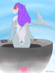 anthro ass breasts eyewear female fin fish hair hi_res howl_echoes marine purple_hair pussy shark smile solo solo_focus