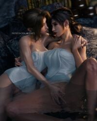 2girls aerith_gainsborough arm_around_waist black_hair breasts brown_hair eye_contact final_fantasy final_fantasy_vii final_fantasy_vii_remake fingering highres holding_hands looking_at_another multiple_girls naked_towel onsen pussy ria_(baka-neearts) spread_legs tifa_lockhart towel water wet yuri