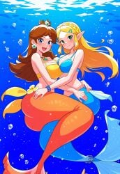 2_mermaids 2girls 5_fingers ai_generated alternate_species ass big_breasts bikini_top blue_tail breasts breath_of_the_wild cleavage crossover female female/female female_only humanoid looking_at_viewer mario_(series) mermaid mermaid_only nintendo ocean orange_tail png pointy_ears princess_daisy princess_zelda sea smile super_smash_bros. tail tears_of_the_kingdom the_legend_of_zelda underwater water yuri zelda_(breath_of_the_wild)