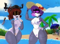 3girls alice_(murder_drones) areola ass beach big_areola big_ass big_thighs breasts brown_hair drone female female_only glasses hat huge_ass huge_thighs kayl looking_at_each_other medium_breasts multiple_girls murder_drones naked naked_female nipples nori_(murder_drones) orange_eyes purple_eyes purple_hair robot robot_girl summer tagme thick_hips thick_thighs thighs water wet wet_body yeva_(murder_drones)
