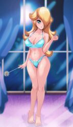 1girls barefoot black-rayal blonde_hair blue_bra blue_eyes blue_panties bra female female_only hair_over_one_eye human indoors lingerie long_hair looking_at_viewer mario_(series) navel nintendo panties princess_rosalina solo standing super_mario_galaxy toes wand