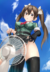 black_gloves black_legwear blue_sky blush brown_eyes brown_hair cloud cooling_off electric_fan erect_nipples female from_below gloves hair hair_ribbon human jirusu kantai_collection long_hair looking_down no_panties pelvic_curtain pussy remodel_(kantai_collection) ribbon single_elbow_glove single_thighhigh skirt_lift sky solo standing sweat thighhighs tied_hair tone_(kantai_collection) twintails uncensored