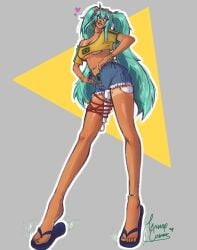 1girls artist_request beads blue_hair booty_shorts brazil brazilian brazilian_female brazilian_miku female flip_flops hatsune_miku improvised_vibrator long_legs no_bra rope rope_bondage sandals solo solo_female solo_focus unzipped_shorts vibrator vocaloid waist_beads