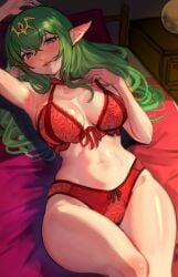 1girls alternate_hairstyle armpit_crease bra breasts female female female_only fire_emblem fire_emblem_awakening green_eyes green_hair hair_down highres lace lace-trimmed_bra lace_trim large_breasts lingerie long_hair looking_at_viewer navel nintendo panties pointy_ears r123 red_bra red_panties smile solo thighs tiki_(adult)_(fire_emblem) tiki_(fire_emblem) underwear