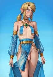 1boy ai_generated armlet blonde_hair blue_background blue_eyes blue_lips blue_lipstick blue_loincloth blush breast_curtains crossdressing dancer_outfit detached_sleeves elf femboy flaccid flaccid_penis flat_chest foreskin gold_choker gradient_background jewelry legs_together link lipstick looking_away looking_to_the_side luuna makeup male male_focus moobs mossa_(style) ornate_clothing otoko_no_ko pelvic_curtain penis pointy_ears ponytail presenting_penis see-through see-through_clothing simple_background solo standing style_emulation style_imitation testicles the_legend_of_zelda translucent_clothing