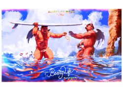 2boys accident bar_censor bara belly bk_zerotwo blood censored completely_nude demon_wings erection feathered_wings from_side full_body holding holding_surfboard large_pectorals male_focus mature_male multiple_boys muscular muscular_male navel nipples nosebleed nude ocean original pectorals penis plump standing surfboard thick_eyebrows thick_thighs thighs wading wings yaoi