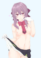 breasts brown_eyes cameltoe cum facial female gloves highres hiiragi_shinoa itou_ayachi nipples owari_no_seraph purple_hair pussy skirt skirt_lift smile solo uncensored