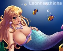 1girls alternate_species big_breasts bra breasts cleavage earrings female fish huge_breasts humanoid jewelry leonhenthighs looking_at_viewer mario_(series) mermaid mermaid_peach navel necklace nintendo ocean pearl_earrings pearl_necklace princess_peach princess_peach:_showtime! sea solo tail underwater water wink winking_at_viewer