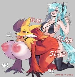 absurd_res akeno_(itsnafulol) anthro ass big_breasts big_butt bikini bikini_top black_body black_fur blue_hair bouncing_breasts breasts canid canine cleavage clothed clothing coffeexcoco collar delphox doggy_style duo female fox from_behind_position fur futa_on_female futanari generation_6_pokemon gynomorph gynomorph/female gynomorph_penetrating hair hair_over_eye heart_eyes heart_symbol hi_res human human_on_anthro intersex intersex/female intersex_penetrating interspecies leash leash_pull legwear long_hair mammal nintendo nipples orange_body orange_eyes orange_fur penetration pokemon pokemon_(species) pokephilia purple_eyes red_body red_fur sex swimwear thick_thighs thigh_highs tongue tongue_out twintails_(hairstyle) two-piece_swimsuit white_body white_fur wide_hips yellow_body yellow_fur