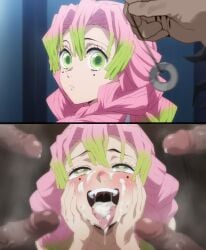 1girls ahe_gao ahegao_face ai_generated before_and_after blush cum cum_on_face demon_slayer erection facial female gangbang green_eyes green_hair hypnosis hypnotized instant_loss_2koma kanroji_mitsuri kimetsu_no_yaiba multicolored_hair multiple_boys multiple_penises pendulum penis pink_hair smile tongue tongue_out twin_braids two_tone_hair