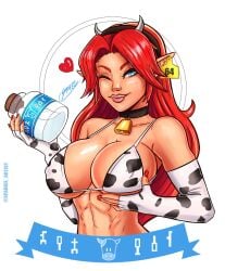 1girls abs athletic athletic_female bell bell_collar big_breasts bikini bikini_top blue_eyes breast_grab breast_hold breast_squeeze breast_squish breasts breasts breasts breasts_bigger_than_head choker choker_bell cow_bell cow_bikini cow_girl cow_horns cow_horns_headband cow_print cow_print_armwear cow_print_bikini cowbell detached_sleeves ear_tag elbow_gloves female female_focus female_only fingerless_gloves freckles freckles_on_breasts freckles_on_face gloves hair_ribbon hearts_around_head horn_ornament hucow hylian hylian_ears lactation long_ears long_hair malon milk milk_bottle nail_polish nails_painted nintendo nipple_bulge nipples nipples_visible_through_clothing ocarina_of_time painted_nails pointy_ears red_hair red_nail_polish red_nails shiny_breasts shiny_skin slim_waist solo solo_female solo_focus sparkietheartist string_bikini string_bra the_legend_of_zelda tight_clothing toned toned_female toned_stomach wink winking_at_viewer women_livestock