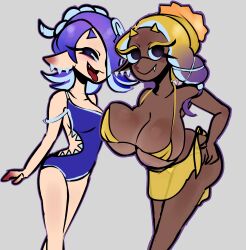 2girls asymmetrical_bangs asymmetrical_docking asymmetrical_hair big_breasts big_butt bikini blue_hair chocolate_and_vanilla dark-skinned_female dark_skin female female_only frye_(splatoon) frye_onaga hair_over_one_eye huge_breasts inkling light-skinned_female looking_at_viewer octoling shiver_(splatoon) small_breasts smile splatoon splatoon_(series) splatoon_3 swimsuit tentacle_hair tongue tongue_out uliexii yellow_hair