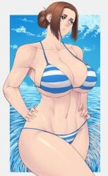 1girls big_breasts bikini bikini_bottom bikini_top breasts buns female kaii_to_otome_to_kamikakushi light-skinned_female light_skin limn044 looking_away ogawa_sumireko thick_thighs toned toned_female water