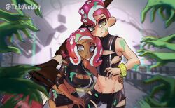 1boy 1girl 1girls agent_8_(octo_expansion) agent_8_(splatoon) black_pants black_skirt blurry blurry_foreground breasts cleavage closed_mouth crop_top dark_skin depth_of_field frown hand_on_hip long_hair looking_at_viewer mascara medium_breasts medium_hair midriff miniskirt navel nintendo octoling pointy_ears red_hair shirt short_hair shorts skirt splatoon splatoon_2 splatoon_2:_octo_expansion standing tagme takoyebby tentacle_hair torn_clothes zipper