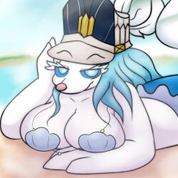 1girls anthro beach big_breasts blue_eyes commission female female_only flofluffy1 generation_7_pokemon hat hi_res looking_at_viewer lying lying_on_stomach narrowed_eyes nintendo pokemon pokemon_(species) primarina shell_bikini smiling smiling_at_viewer solo