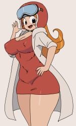 ass belt big_breasts blue_eyes erect_nipples girl goggles heart huge_ass huge_breasts lab_coat mona_(warioware) motorcycle_helmet orange_hair red_dress smile smilling thick_thighs warioware white_background yuta_agc