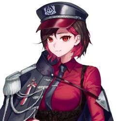 :3 big_breasts black_cap black_necktie black_tie black_uniform brown_hair color d-log ear_piercing epaulettes female female_focus female_only game_cg hair_behind_ear hair_between_eyes high_collar jacket jacket_off_one_shoulder jacket_off_shoulders jacket_on_shoulders last_origin looking_at_viewer medal merlin_(last_origin) military_hat military_jacket military_uniform multicolored_hair necktie off_shoulder peaked_cap red_eyes red_hair red_shirt short_hair slit_pupils smile smiling smiling_at_viewer tie transparent_background unusual_pupils