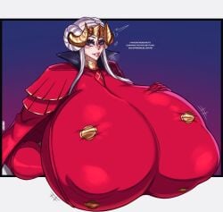 1girls aomokoka blush blushing breast_focus deep_skin edelgard_von_hresvelg english_text female female_only fire_emblem fire_emblem:_three_houses gigantic_breasts horns hyper hyper_breasts imminent_sex inviting inviting_to_sex large_areolae massive_breasts nintendo offering puffy_areola purple_eyes short_hair solo text white_hair